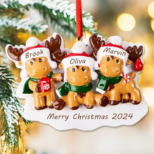 Personalisierte Rentier-Weihnachtsschmuck 2024 – Harz-Elch-Familien-Ornament mit Namen, 2, 3, 4, 5, 6, Weihnachtsdekoration für Baum (Familie von 3)