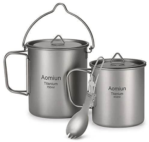 Lightweight Titanium 3 Pieces Set Titanium 750ml Pot 450ml Water Cup Mug with Lid Collapsible Handle Folding Spork for Camping Hiking Backpacking