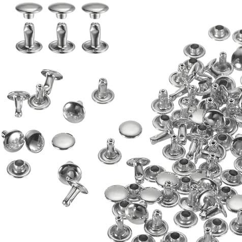 QUARKZMAN 60 Ensembles de Rivets en Cuir à Double Tête, 8X8mm Rivets Ronds Tubulaires Métal pour Fabrication de Cuir Ceinture en Tissu, Rivet à Frapper Réparation Décoration de Sacs, Argenté