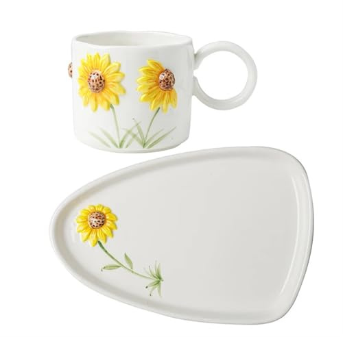Service à Thé En CéRamique Tasse à café en céramique tournesol avec assiette à Dessert, nouveauté soucoupe à gâteau 3D, thé de l'après-midi, tasse à thé au lait, service à thé en porcelaine de 430ml