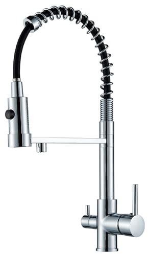 Hevenaov Grifo de cocina de 3 vías, cromo, agua pura, acero inoxidable, 3 vías, giratorio 360°, grifo de cocina de alta presión con doble alcachofa extraíble, grifo mezclador 3 en 1 para filtro de
