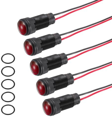 PATIKIL 5Pcs 10mm(3/8) Indicator Light,12V-24V AC/DC LED Plastic Shell Signal Lamp Waterproof IP67 Round Head Signal Lights with 150mm(5.9) Cable for Boat Car,Red