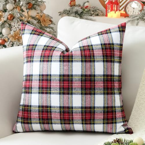 Sungeek Lot de 1 housse de coussin décorative à carreaux écossais doux pour canapé, lit, ferme, terrasse, 45 x 45 cm, rouge et blanc