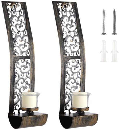 yeeplant Wandkerzenhalter, Bronze-Stil, Retro-Stil, Metall, mit Glasschirmen, antiker Wandleuchter, Kerzenhalter, 2 Stück