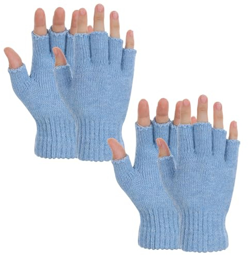 Grevosea 2 Pair Fingerless Gloves, Winter Half Finger Gloves Thickened Cashmere Warm Glove Knit Touchscreen Warm Stretchy Mittens Fingerless Glove for Men and Women Light Blue
