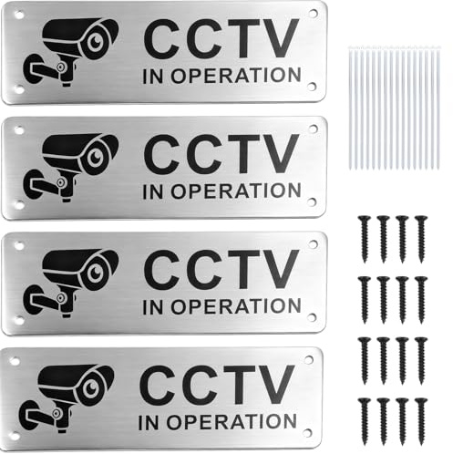 4 PCS CCTV Warning Signs, Aluminium CCTV IN OPERATION Sign with Pre-Drilled Holes, Self-Adhesive Metal Surveillance Camera Signage for Indoor/Outdoor Windows, Includes 16 Cable Ties & 16 Screws