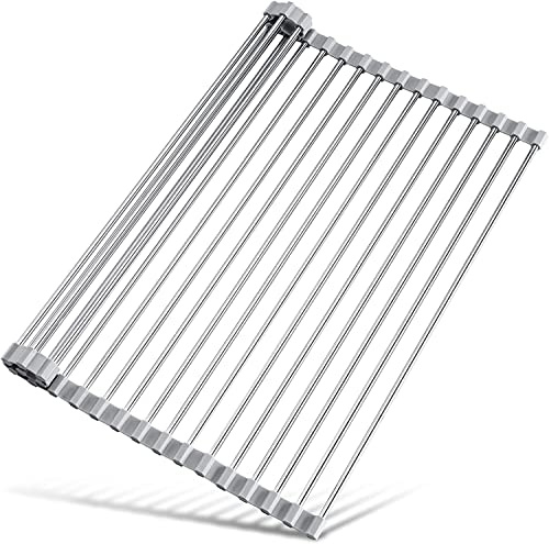 Escurridor de platos enrollable de acero inoxidable sobre el fregadero, ahorra espacio, tamaño ajustable (16.9 pulgadas de largo x 16.1 pulgadas de ancho), ideal para un fácil drenaje y un secado