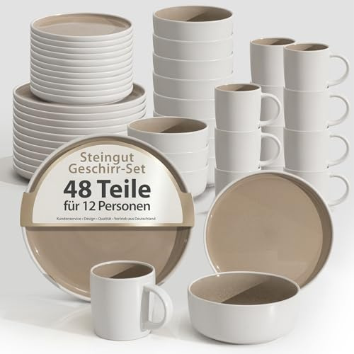 Hausfelder Steingut Geschirrset 48-teilig, 12 Personen, Shadow Stone | 48-teiliges Tafelservice aus Steingut, Schüsseln & Teller, für 12 Personen