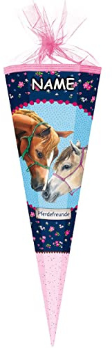 Schultüte - Pferdefreunde - Pferde & Schmetterlinge - 70 cm - rund - incl. Name - Filzabschluß - Zuckertüte - Nestler - mit/ohne Kunststoff Spitze - für..