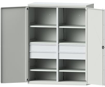 eurokraft | Schwerlastschrank Jumbo aus Stahlblech | 6 Fachböden | 4 Schubladen 180 mm hoch | lichtgrau/lichtgrau