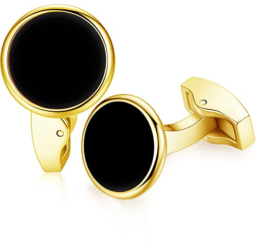 Honey Bear gemelli da polso uomo - conchiglia di mare bianco rotonda/agata Onice nero piazza camicia acciaio per matrimonio Commercio Regalo (Oro con onice nero)