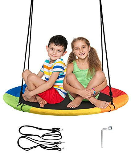 RELAX4LIFE Columpio Nido Φ100cm con Marco de Acero, Columpio Jardín Exterior con Altura Ajustable 100-160cm, Columpio para Niños y Adultos, Carga 150 kg (Multicolor)