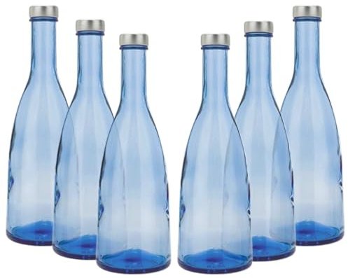 BrandPrint Set di 6 Bottiglie in Vetro Blu Modello CONVIVA, 750 ml, Tappo a Vite colore Argento | Bottiglia Vetro Acqua Solarizzata