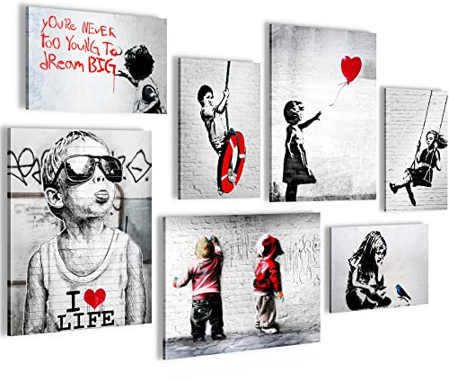 Novart Wandbilder Banksy Collage - KOMPLETT AUFHÄNGFERTIG - Street Art Wohnzimmer Büro- 7 Moderne Mood-Bilder - N003171a