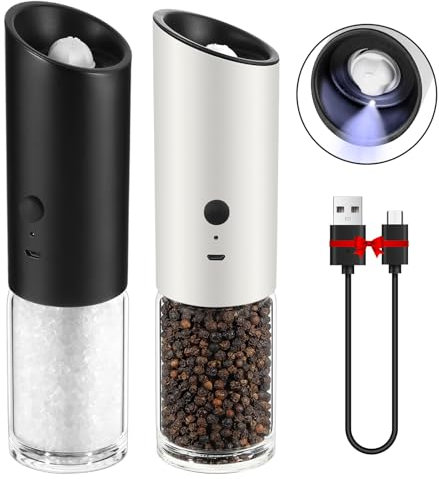 Vevok Chef Elektrisches Salz- und Pfeffermühlen-Set, Edelstahlkörper, USB-wiederaufladbar mit LED-Licht, keramischer Kern, einstellbarer Grobheit automatische Würzmühle für Einhandbedienung