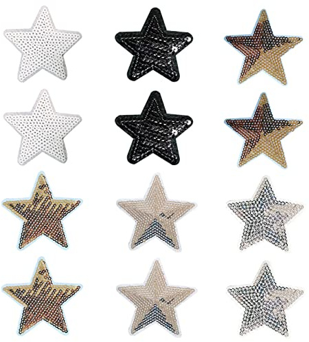 Cerioll Aufbügelflicken, 12 Pcs Fünfzackiger Stern Aufnäher, Bügelbild Stern mit Pailletten Silber, Aufbügeln Patch Sticker, Funkelnde Strass Aufkleber