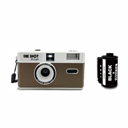 1 Shot Point and Shoot - Cámara 35 mm reutilizable, medio fotograma, flash integrado, incluye ASA/ISO 400 película blanca y negra 18 Exp, batería no incluida