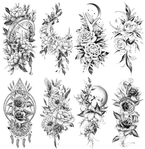 Acevegue 10 Blatt Blume Temporäre Tattoos, Frauen Arm Beine Tattoo Aufkleber Wasserdicht Päonie Rose Fake Tattoo, 3D Realistisch Pfingstrose Tattoo Sexy Damen Skizzieren Klebetattoos