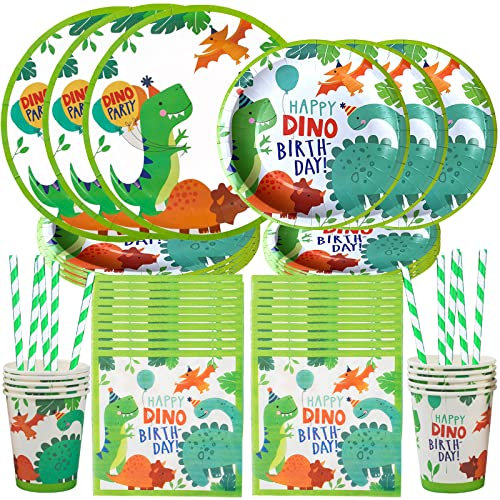 LUKIUP Dinosaurier Party Geschirr Set, 60 Stück Dinosaurier Deko Geburtstag Set, Geburtstag, Teller Becher Servietten, für Kindergeburtstag, Party Deko, Serviert 10 Gäste