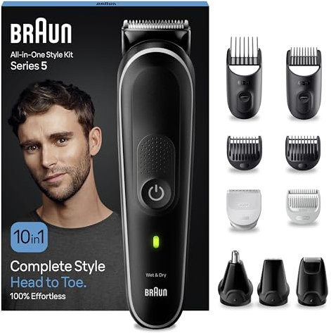 Braun All-In-One Trimmer-Set 5, 10-in-1 Multigroom, Barttrimmer, Nasenhaartrimmer, Haarschneidemaschine für Gesicht, Kopf und Körper, 50 Min. Akku, 14 Längen (3–21 mm), Wasserdicht, MGK5440, Schwarz