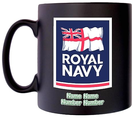 Royal Navy Logo Mug with Personalise Option Image of Military Emblem Flag Crest Insignia MOD Official Product Coffee Tea 10oz Black Satin Klassek Gift Present