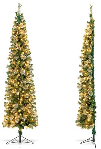 GYMAX 210 cm halber Weihnachtsbaum beleuchtet, künstlicher Christbaum aus PVC-Spitze & Tannennadeln, Dekobaum mit 150 warmweißen LED-Lichtern & Metallständer, Kunstbaum für Zuhause & Büro