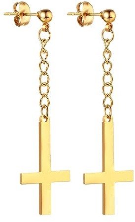 Cupimatch Kreuz Ohrstecker Gold Ohrringe: Religiöse Kette Ohrhänger mit Inverted Cross Edelstahl Retro Gothic Hängeohrringe rock punk Amulettschmuck für Herren Damen Geburtstag Muttertag Weihnachten