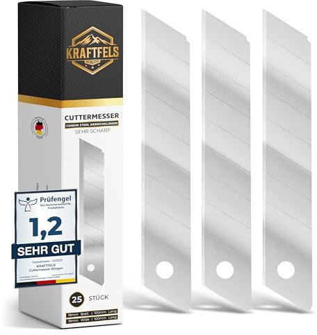 KRAFTFELS 25x Cuttermesser Klingen 18mm SK5 - Teppichmesser Klingen Cuttermesser aus hochwertigem Carbonstahl - Gehärtet & ultra scharf - Abbrechklingen 18mm für Cutter Messer - Ersatzklingen Cutter