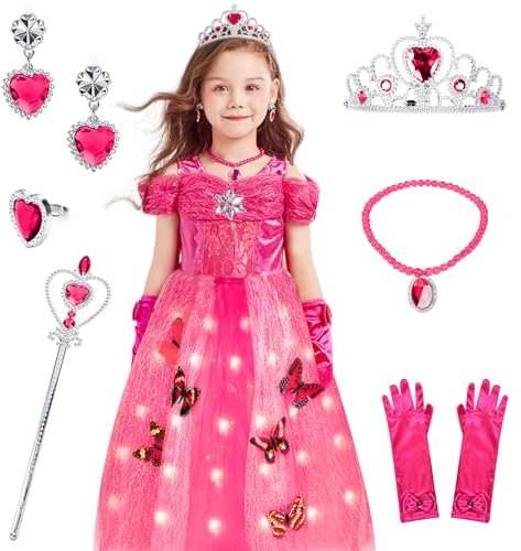 JONRRYIN LED Kleid Mädchen, Cinderella Kleider für kinder, Prinzessin Kleid Mädchen mit Zubehör, Prinzessin Cinderella Kostüm für Cosplay Halloween Karneval Party (Rose, 130-140)