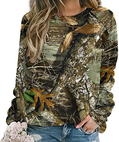 DSXSJQO Autumn Hunting Tree Camo Pattern Women's Casual Pullover Raglan Round Neck Long Sleeve Sweatshirts T-Shirt L