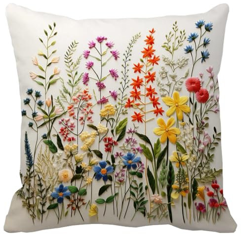 Leaveland Wildflower Faux Embroidery Print 18x18 Inch Throw Pillow Cover Boho Embroidered Floral Decorative Soft Cushion Case Spring Summer Fall Christmas Home Decor Gift Sofa Luxury Flower Pillowcase