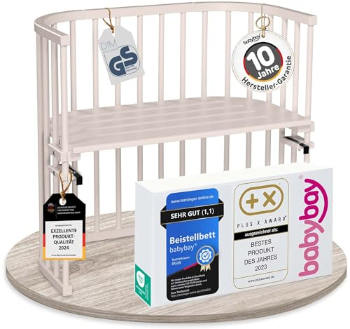 babybay Original Cot Made of Solid Beech Wood/Compact & Transformable/Cot Bed Height Infinitely Adjustable & Environmentally Friendly/Grows with Your Child (Beige Painted)