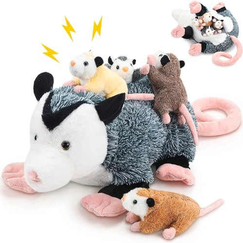 Hollowfly 5 Pcs Stuffed Opossum Mommy Possum Plush with 4 Baby Opossums Stuffed Toy on Her Back, Magnetic Attraction Cotton Plush Animal Toy Valentine Day Gift for Boys Girls Possum Lover