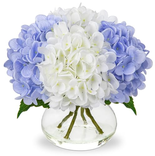 Oairse Flores artificiales de hortensias en jarrón, flor de hortensia sintética en jarrón de cristal con flores de seda azul agua sintética, arreglo de flora otoñal para el hogar, oficina, otoño, boda