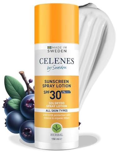 Celenes by Sweden Herbal-Sonnenschutzspray SPF30+ | Organischer & Mineralischer Schutz für alle Hauttypen | 150ml | Wasserfest, ohne Parabene oder Alkohol