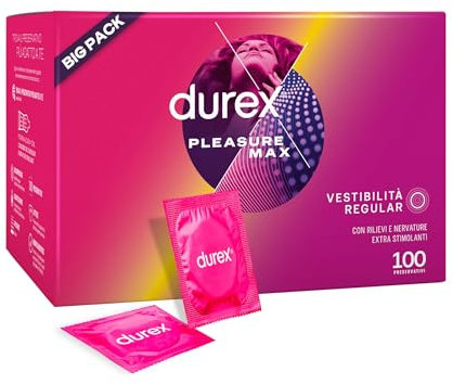 Durex Pleasuremax, Preservativi con Rilievi e Nervature, Formato Convenienza, 100 Profilattici