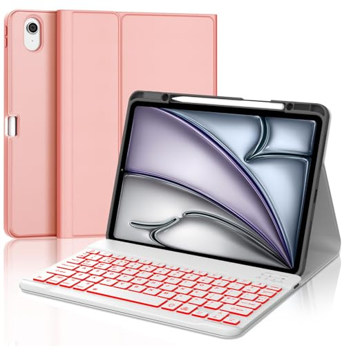 IVEOPPE Case Keyboard for iPad Air 11'' M4 2026/M3 2025/M2 2024- Keyboard for iPad Air 5th/4th 2020, 7 Colors Backlight, Detachable Bluetooth Keypad, Cover with Pencil Holder, UK Layout - Pink
