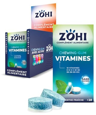 ZOHI Chewing-gum sans sucres avec actifs - Vitamines- Goût menthe fraîche - Complément alimentaire avec édulcorants -Boîte de 12 plaquettes de 10 chewing-gums