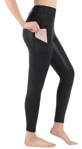 ticticlily Damen Reithose Reitleggings Vollbesatz Silikon Hohe Taille mit Handytasche und Gürtelschlaufen Stretch Flex und Elastischem Reitsport Leggings Hosen A Schwarz S