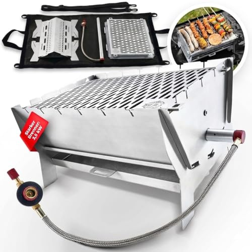 Little Bro Mobiler Steck-Gasgrill 3-in-1 Edelstahl Grill für Gas & Holz/Kohle - Inkl. Tasche (Grillmatte) & Schultergurt - Kompakter Campinggrill für Outdoor, Balkon & Trekking