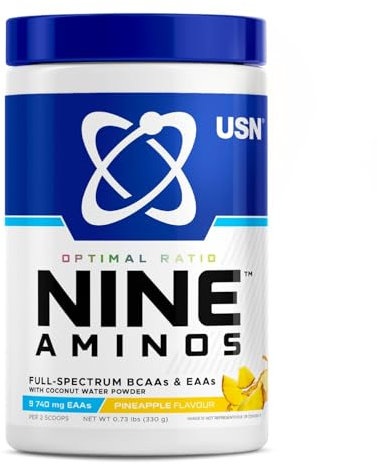 USN Nine Aminos – BCAA Amino Acids & EAA Essential Amino Acids Powder with Added Magnesium & Coconut Water Powder to Support Recovery and Hydration. Pineapple Flavour (330g – 30 Servings)