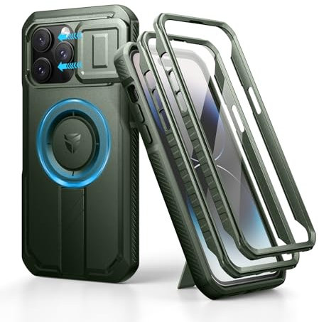 Dexnor Coque Compatible avec iPhone 14 Pro Max Magnétique avec Couverture de Caméra Coulissante & Support Réglable & Film de Protection D'écran Intégré, Boîtier de Pare Chocs Robuste - Vert Militaire