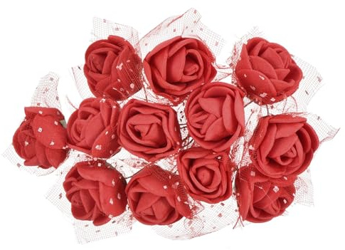PATIKIL 144Pz Teste Fiori 0.98 Bulk Stelo Schiuma Rose Finte Rosso | Artificiali Mini Rosa, con Garza, per Bouquet da Sposa Boutonniere Decorazioni per Torte Artigianato Casa Festa