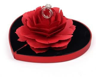 ESSECMBS Romantic Red Rose Flower Ring Box Gift for Her Foldable Heart Jewelry Case Holder for Proposal Engagement Wedding Valentine's Day (CORAL RED, 13.5 * 8cm)