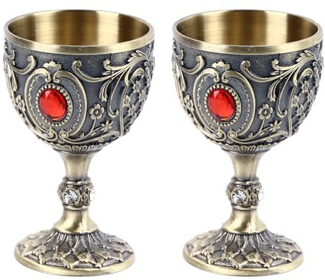 Beufee 2PCS Wine Goblet Metal Wine Glass, Vintage Chalice Goblet Vintage Gold Goblet Copper Wine Goblet Small Chalice Cup Medieval Wine Glasses Zinc Alloy Flower Embossed Shot Glasses (Bronze)