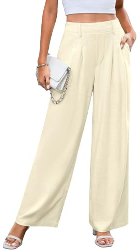 Svanco Pantalon À Jambe Large en Lin pour Femme avec Plis sur Le Devant, Pantalon D'été Décontracté À Taille Haute Élastiquée avec Poches