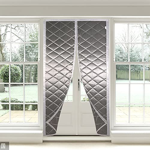Rideau en coton à isolation magnétique pour portes coulissantes - 160 x 205 cm - Fermeture automatique - Isolation thermique et acoustique - Idéal pour porte de salon et de terrasse - Gris