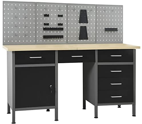 Werkbank mit 4 Werkzeugwänden und 6 Schubladen, Arbeitstisch, 500 kg Tragkraft, Hobelbank, Montagetisch für Garage, Werkstatt und Schuppen, 160 x 60 x 85 cm