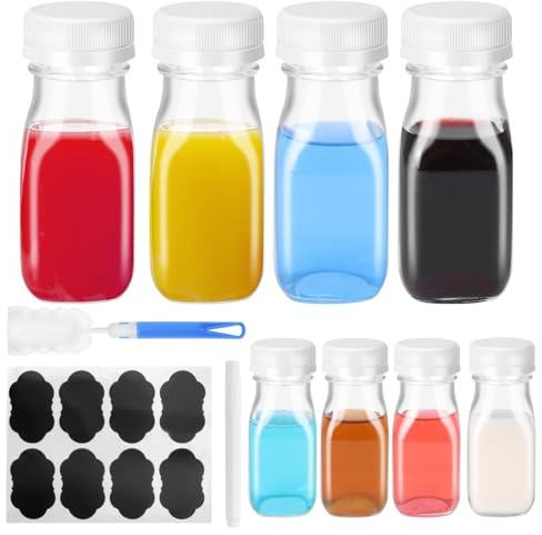 Eidoct Botellas de chupito de vidrio con tapas, paquete de 8 botellas de vidrio pequeñas reutilizables transparentes y listas para regalo (etiquetas, embudo y cepillo) para viajes, bebidas caseras