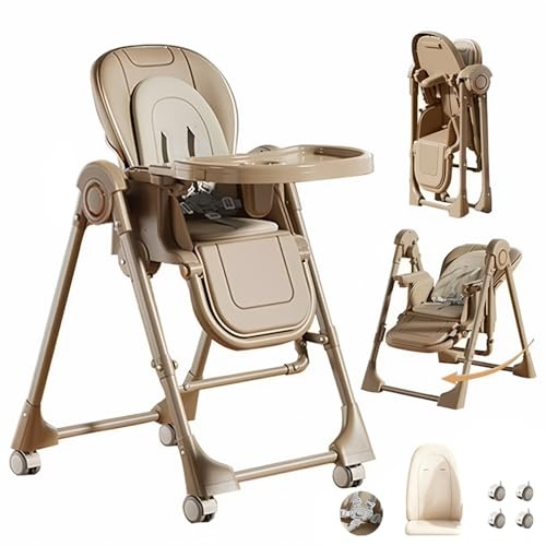 Veitoalioy Sedia Modalità da Pranzo 2-in-1 e Modalità Altalena, Pelle PU Seggiolone Pappa, Seggiolone Pappa 0 36 Mesi, Sedili Per Pasti Dotati Di Ruote e Piatti Staccabili (8121 Khaki)